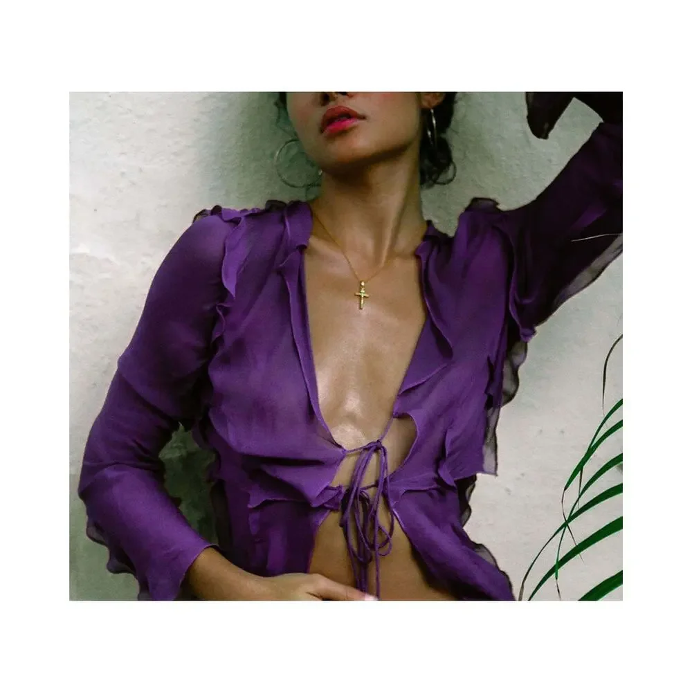 NWOT Rat And Boa Aphrodite Blouse Ruffle Semi Sheer Top In Purple Size Small - Picture 3 of 15